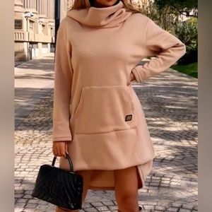 Hooded Solid Sweatshirt Dress. Color: Khaki Size: XL